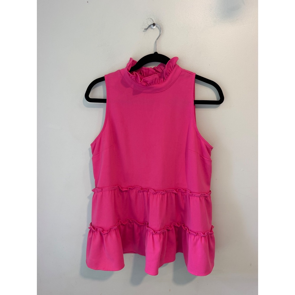 Crown & Ivy Pink Ruffle High Neck Tiered Peplum Sleeveless Blouse Top Medium